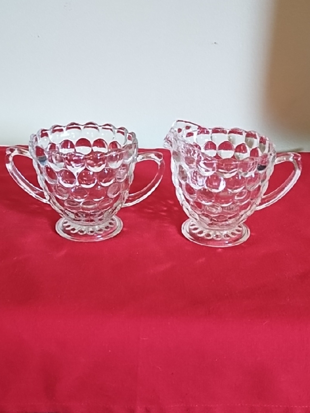 ANCHOR HOCKING CLEAR OPEN BUBBLE SUGAR BOWL AND CREAMER